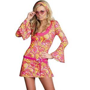 Dreamgirl Womens Go Go Gorgeous 70s Groovy Costume‎ Women L Pink/Yellow Swirl